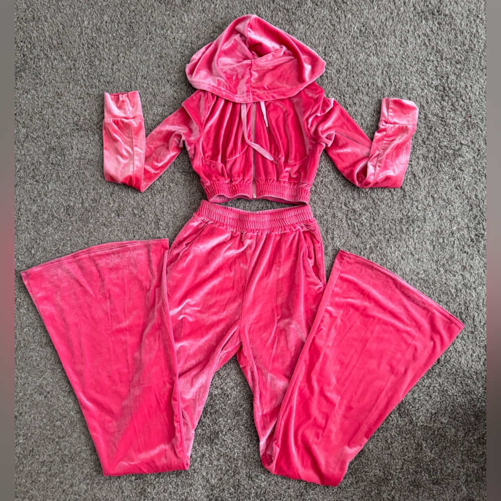 Track suit suede Barbie pink set flare pants stretchy crop zip up jacket